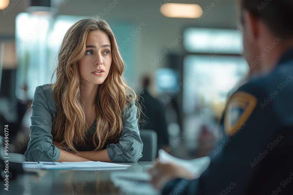 Fototapeta premium A woman reports a deep fake scam to authorities at a police station, seeking assistance to address her identity theft issue in a modern setting