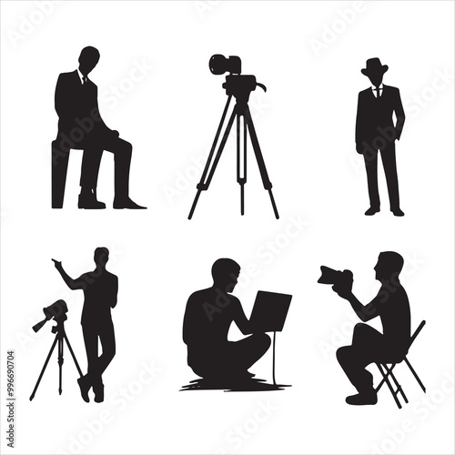 Set filmmaking silhouette of directors and crew with camera on tripod vector