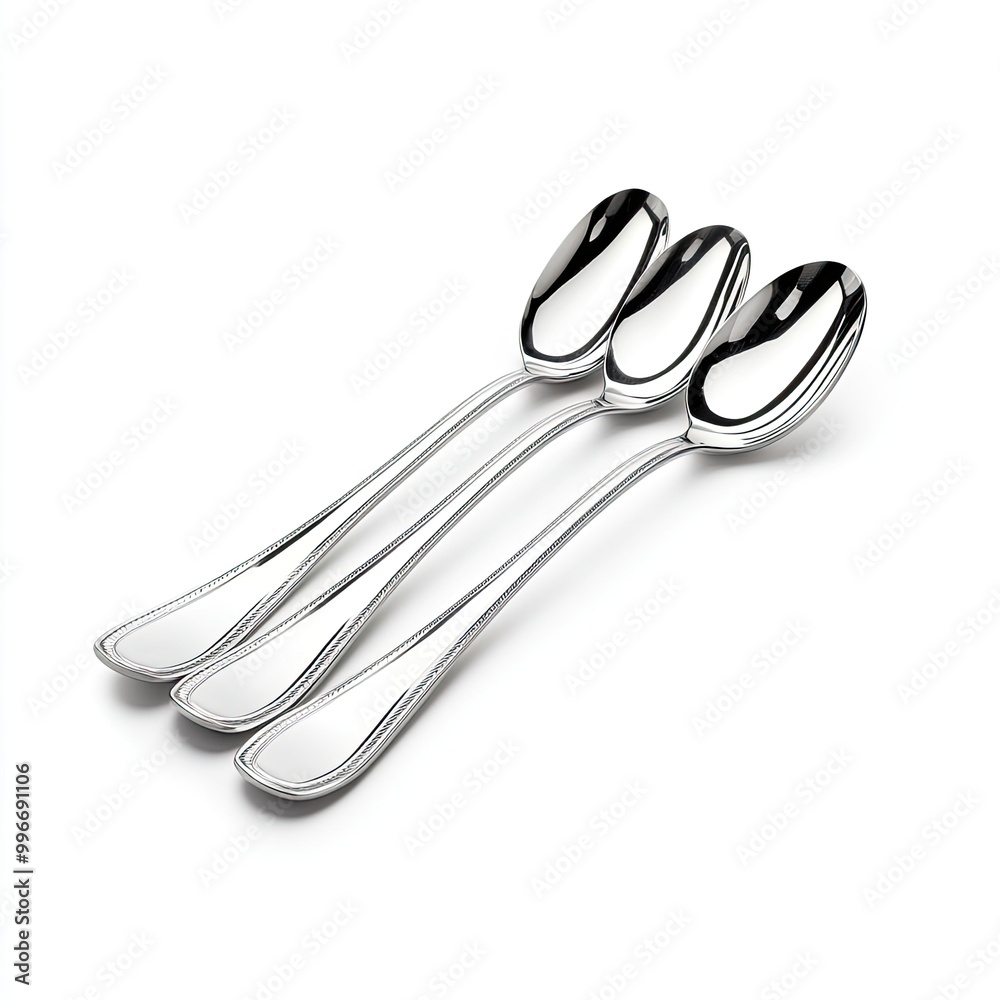 Naklejka premium Three elegant stainless steel spoons arranged neatly, perfect for dining or culinary presentations, attractive in any kitchen setting.