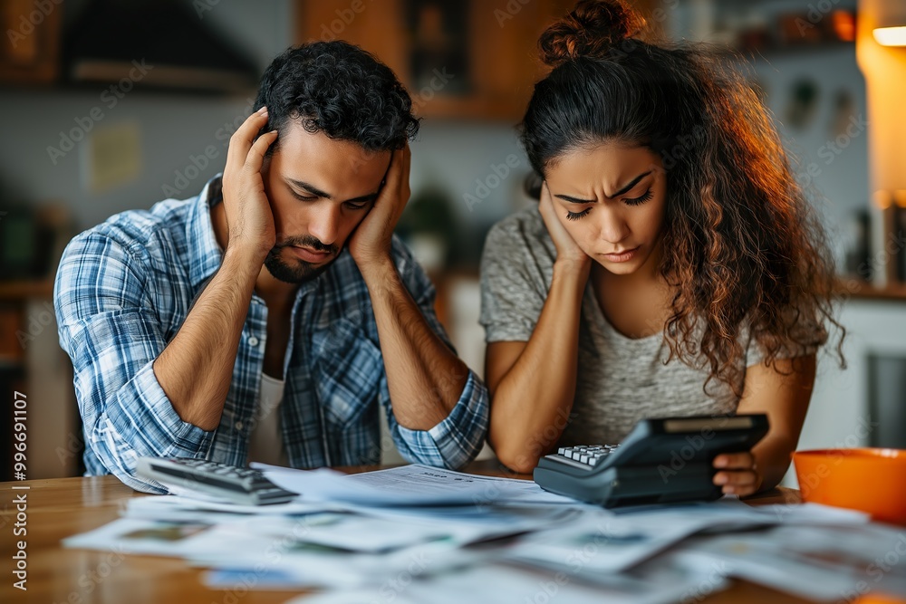 Fototapeta premium Couple looking overwhelmed while calculating expenses at a cluttered kitchen table in the early morning light