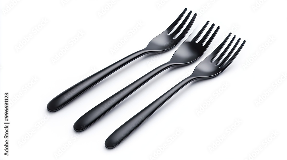 Three elegant black forks arranged neatly, perfect for showcasing modern dining utensils in a stylish setting. Three elegant black forks arranged neatly, perfect for showcasing modern dining utensils in a stylish setting.