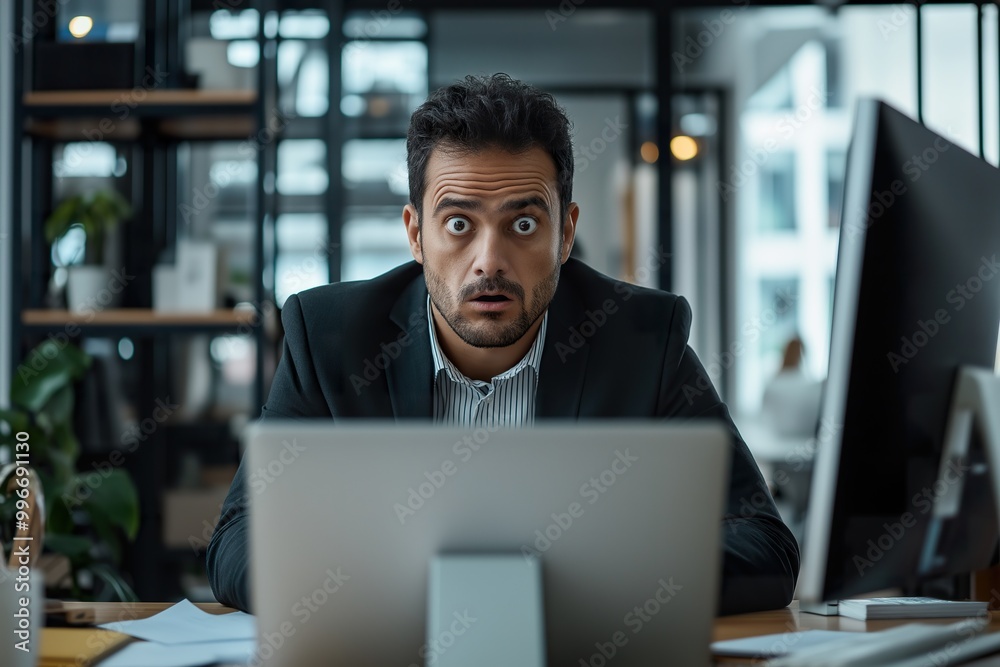 A professional man experiences shock at his desk while reading a suspicious email about a deep fake scam in a modern office setting A professional man experiences shock at his desk while reading a suspicious email about a deep fake scam in a modern office setting