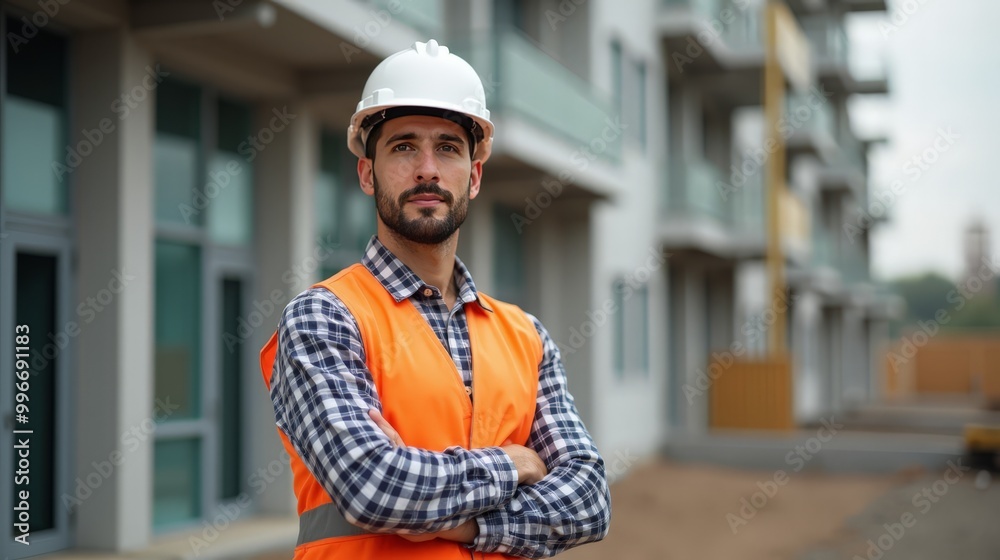 Obraz premium Construction Worker in High-Visibility Safety Vest on Urban Street - Occupational Safety and Urban Work Photography