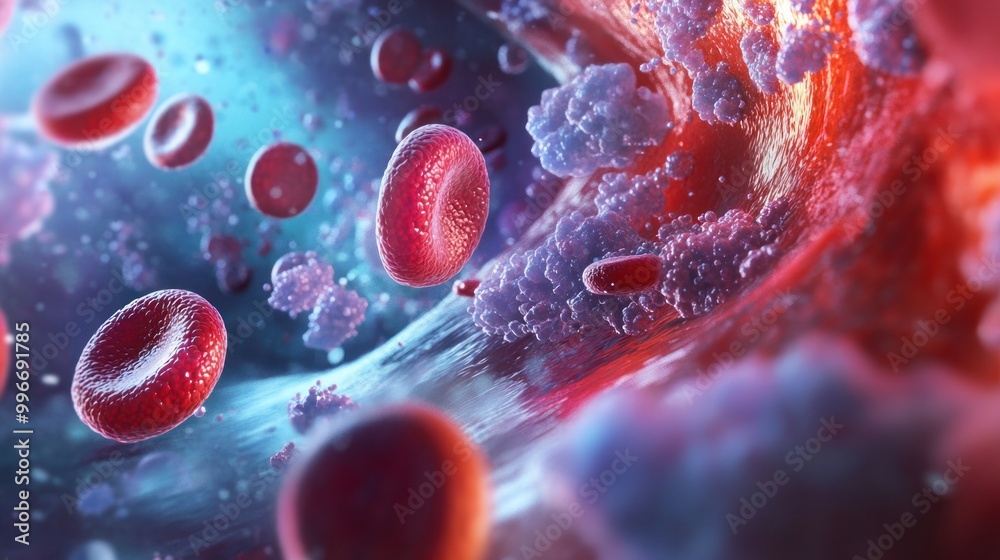 Fototapeta premium Close-up view of red blood cells and white blood cells in a dynamic, colorful environment.