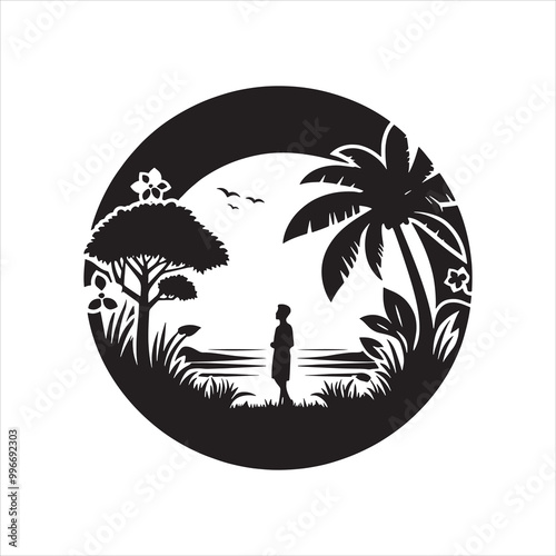 Tropical island silhouette with palm trees and setting sun landscape vector illustration