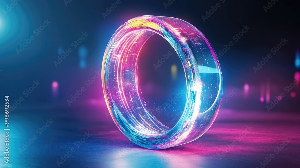 Vibrant and futuristic translucent ring illuminated with colorful lights, perfect for showcasing modern design and innovation. Vibrant and futuristic translucent ring illuminated with colorful lights, perfect for showcasing modern design and innovation.