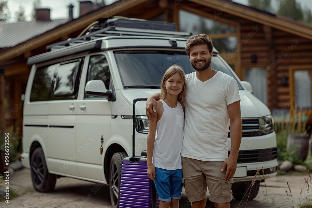 A joyful Russian family enjoying summer together in front of their camper outside a cozy wooden house A joyful Russian family enjoying summer together in front of their camper outside a cozy wooden house