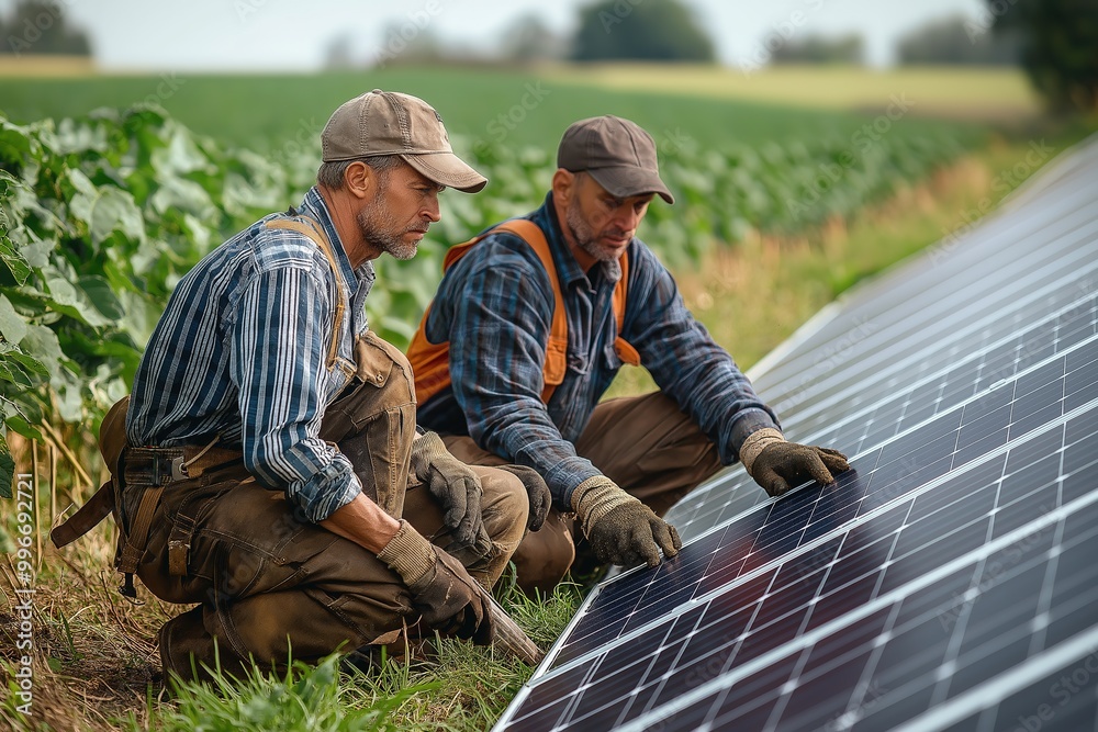 Fototapeta premium Farmers maintain solar-powered equipment in a vibrant field during the early afternoon, showcasing sustainable agriculture practices in action