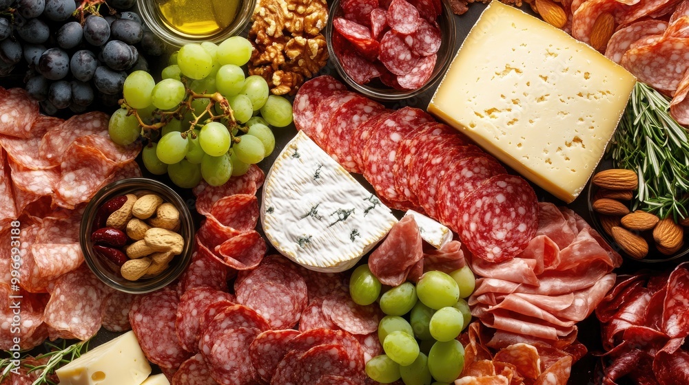 Aerial view of a charcuterie and cheese board featuring a variety of meats cheeses grapes and nuts Aerial view of a charcuterie and cheese board featuring a variety of meats cheeses grapes and nuts