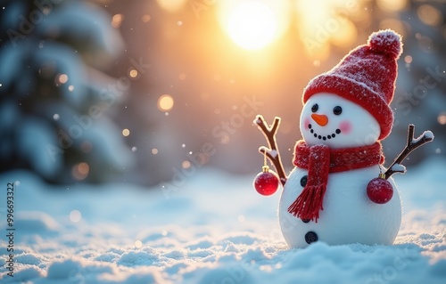 Happy snowman in a red hat in the winter forest snowfall photo