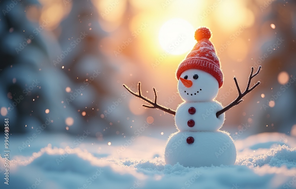 Happy snowman in a red hat in the winter forest snowfall Happy snowman in a red hat in the winter forest snowfall