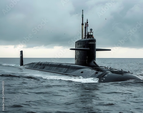 Navy submarine operating in open water under cloudy skies photo