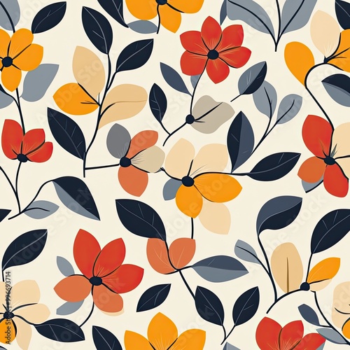 Vibrant floral pattern featuring colorful flowers and leaves on a soft background, perfect for textiles and decorative designs.