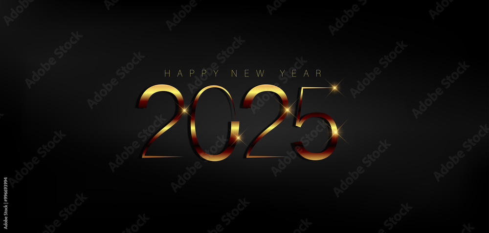 Naklejka premium A festive Black background featuring the text Happy New Year 2025 in an elegant font, celebrating the new year