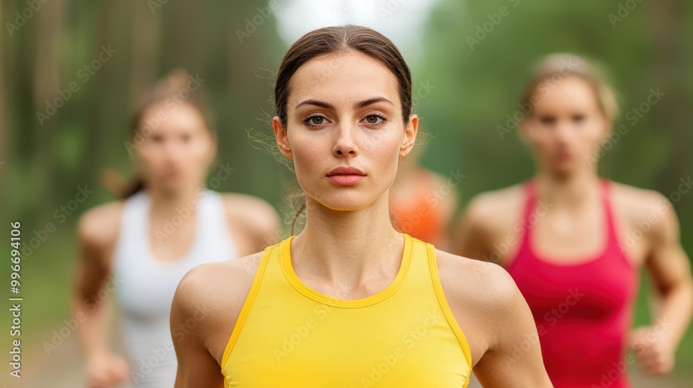 Fototapeta premium Group of athletes doing intense cardio interval training, vibrant outdoor setting, fast-paced movement and determination, High-intensity fitness workout