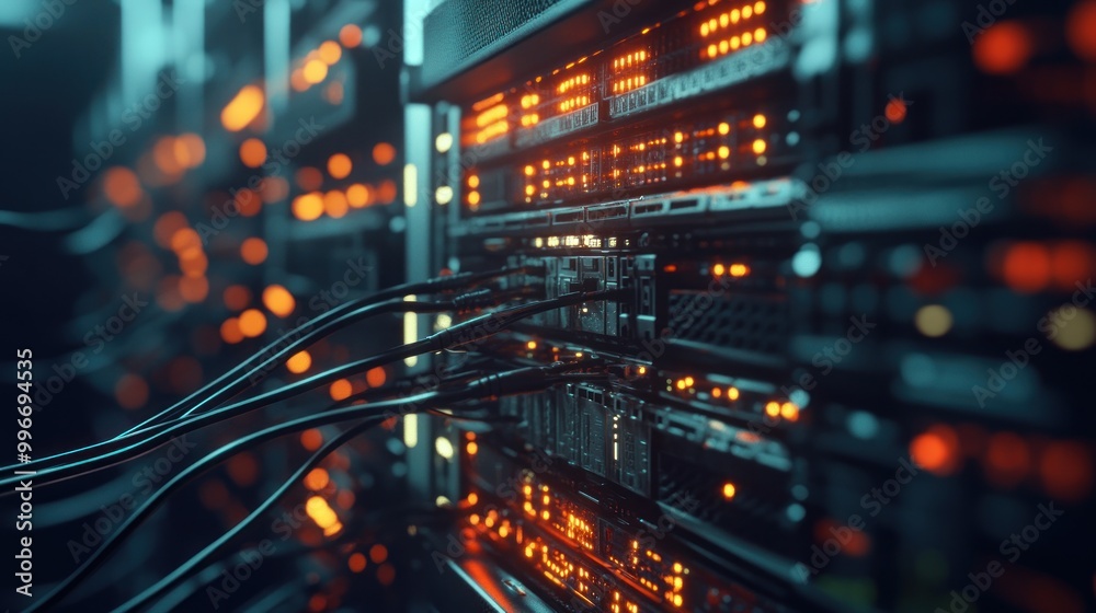 A close-up view of a data center with illuminated servers and connected cables. A close-up view of a data center with illuminated servers and connected cables.