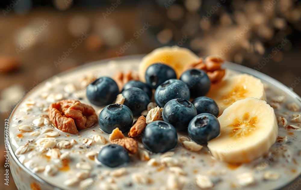 A wholesome and vibrant breakfast spread featuring a bowl of fresh cereal topped with sweet blueberries, raspberries, and strawberries. The combination of muesli, oatmeal, and granola, served with yog