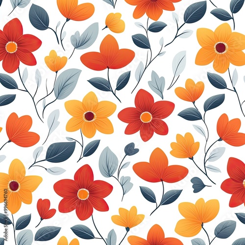 Vibrant floral pattern featuring red, orange, and yellow flowers with green leaves on a white background, perfect for various designs.