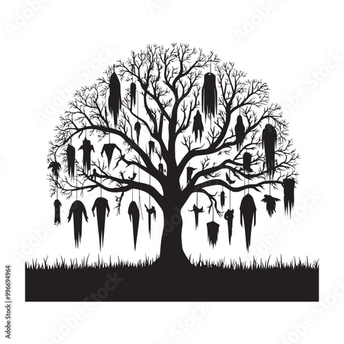 A haunting Halloween tree with bare branches covered in eerie hanging ghostly figures. This creepy black silhouette design is perfect for Halloween-themed projects, posters, decorations