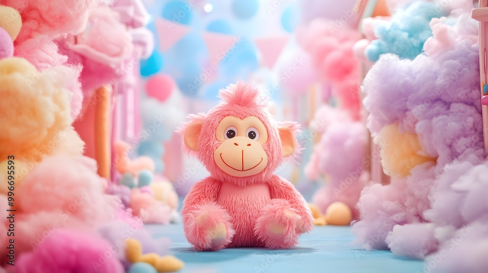Fototapeta premium Fluffy Monkey King plush toy surrounded by colorful wool felt decorations in a cotton candy street
