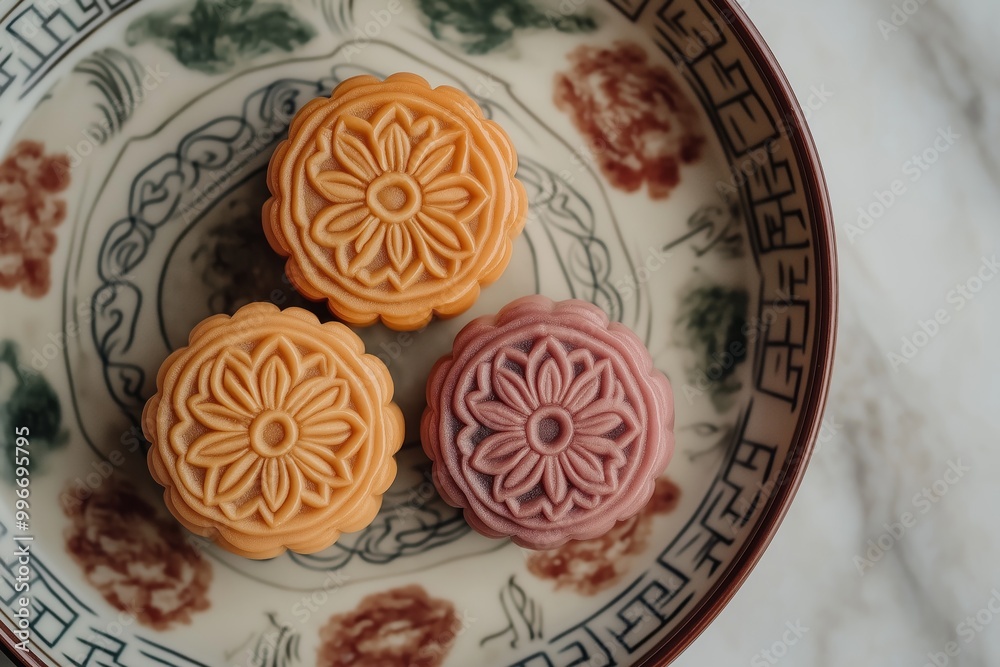 Three delicately designed mooncakes, orange and pink, arranged on a traditional patterned plate Three delicately designed mooncakes, orange and pink, arranged on a traditional patterned plate