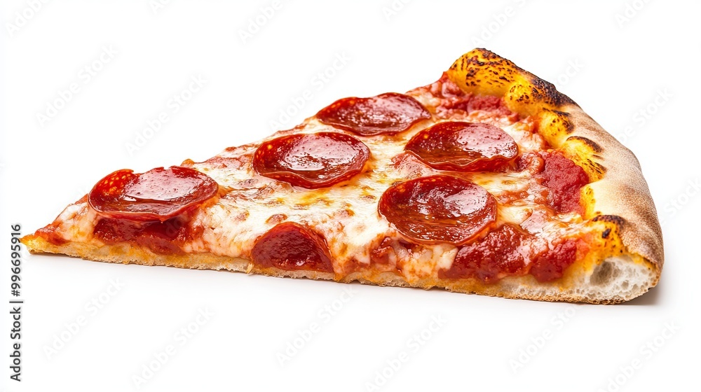 A slice of pepperoni pizza on a white background A slice of pepperoni pizza on a white background