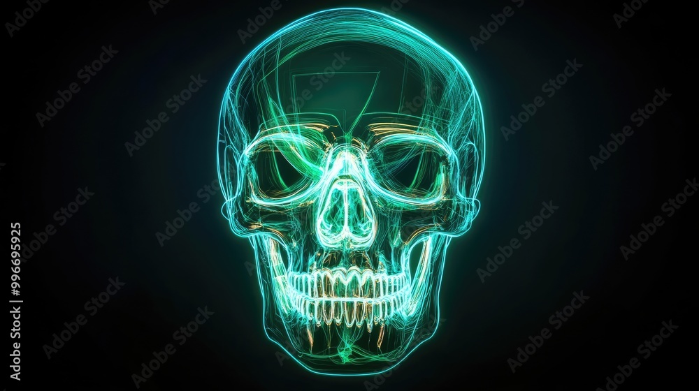Vibrant neon skull illustration featuring glowing lines, perfect for medical, educational, or artistic themes. Vibrant neon skull illustration featuring glowing lines, perfect for medical, educational, or artistic themes.