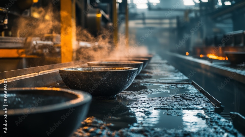 Ceramic Molds Prepared for Casting in a High-Tech Factory Environment, with Steam Rising from the Wet Surface and Blurred Background Ceramic Molds Prepared for Casting in a High-Tech Factory Environment, with Steam Rising from the Wet Surface and Blurred Background