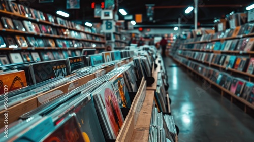Vibrant record store interior with rows of vinyl albums, showcasing diverse music genres and artistic cover designs.