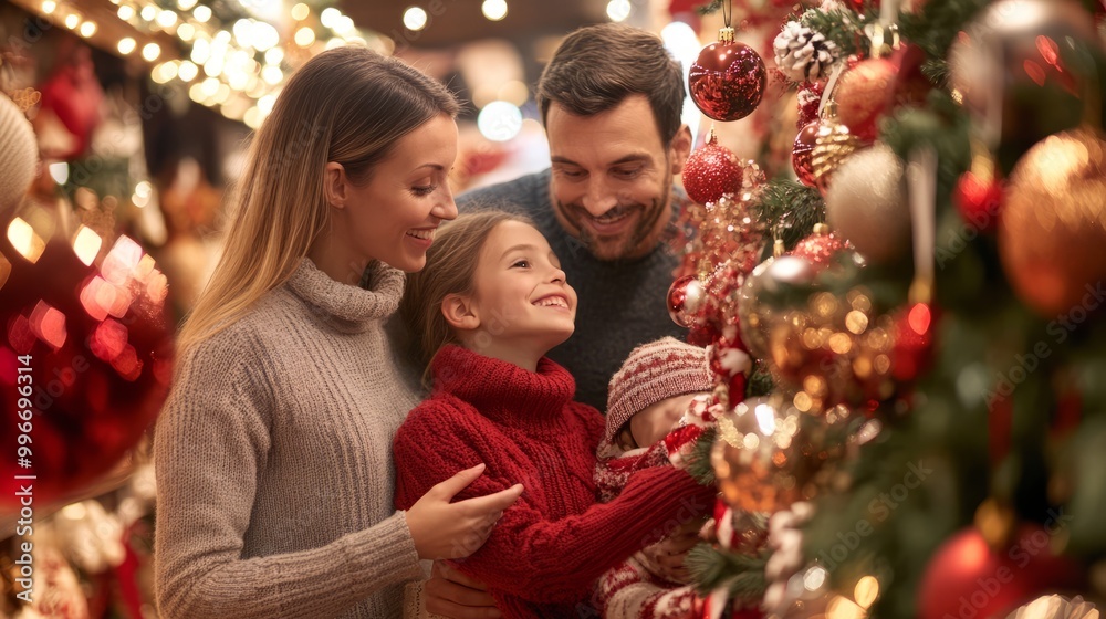 A family of four is shopping for Christmas decorations A family of four is shopping for Christmas decorations