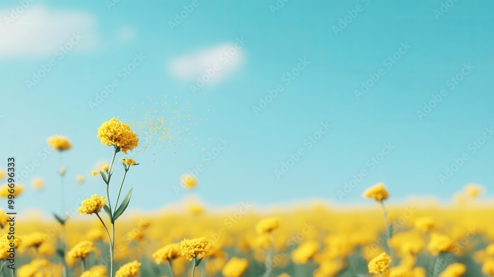Conceptual image of a pollen cloud being blown by the wind, with individual particles visible in the air, pollen particles, airborne movement Conceptual image of a pollen cloud being blown by the wind, with individual particles visible in the air, pollen particles, airborne movement