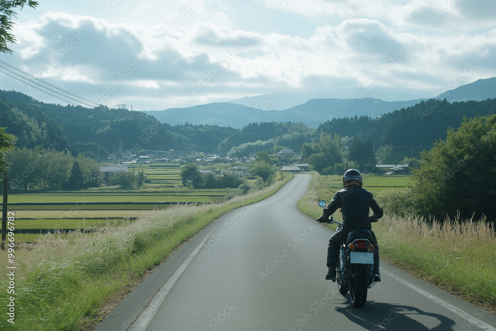 Rider ride motorcycle in country road. generative AI Rider ride motorcycle in country road. generative AI