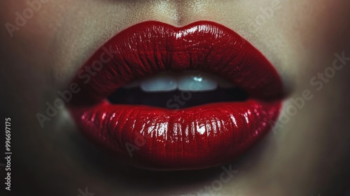 Close-up of red glossy lips slightly parted.