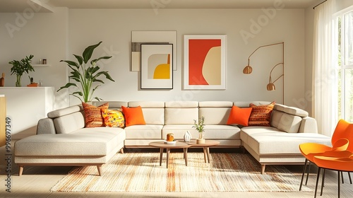 Bright and airy modern living room with an oversized U shaped sofa mid century inspired furnishings and pops of color in the accessories exuding a warm and inviting ambiance  The clean photo