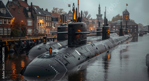 Close-up view navy submarines docked at a port on a cloudy summer day photo