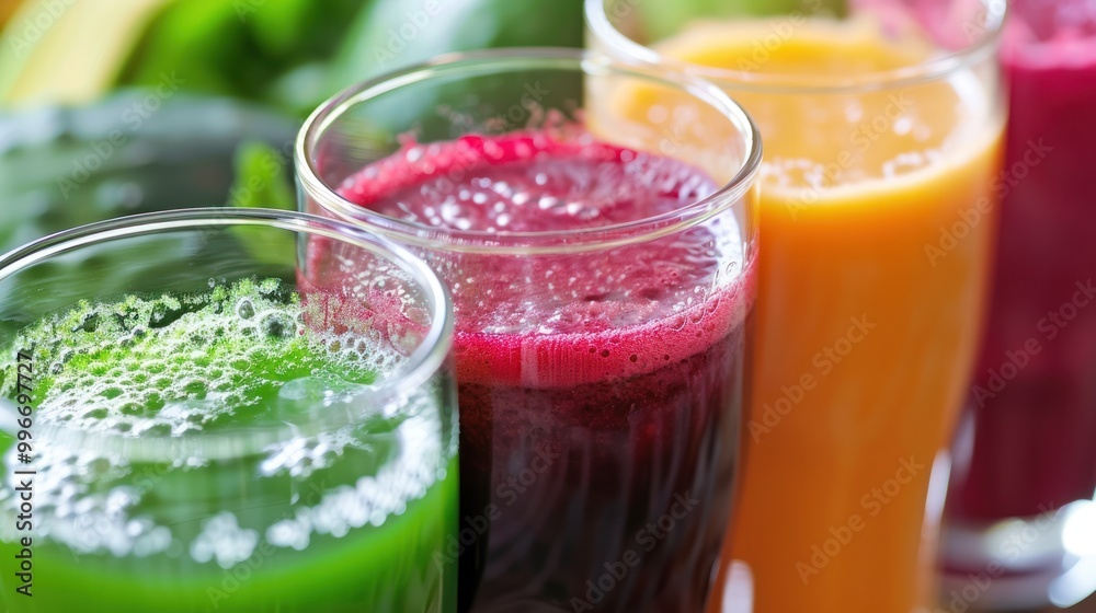 Close-up of colorful fresh fruit juices in glass cups. Healthy beverage and nutrition concept. Close-up of colorful fresh fruit juices in glass cups. Healthy beverage and nutrition concept.