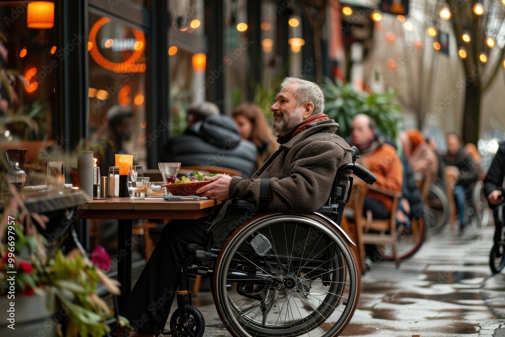 Obraz premium A man in a wheelchair sits at a table with a salad in front of him