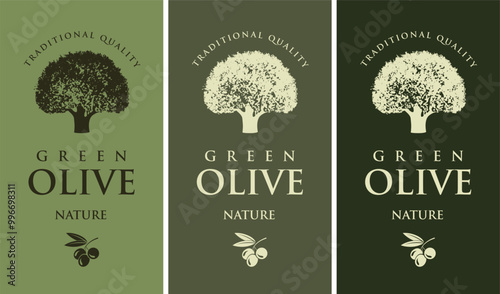 Set of vector labels for olives or olive oil with olive tree design in retro style. Suitable for designing logo, sticker, banner