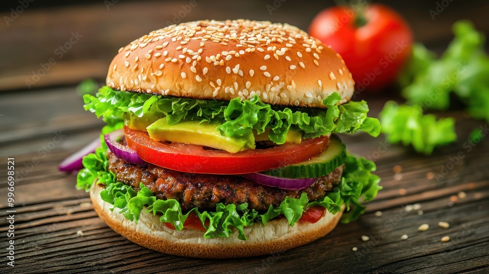Close-up of a colorful vegan burger with lettuce, tomato, avocado, and plant-based patty on a wooden table. Close-up of a colorful vegan burger with lettuce, tomato, avocado, and plant-based patty on a wooden table.