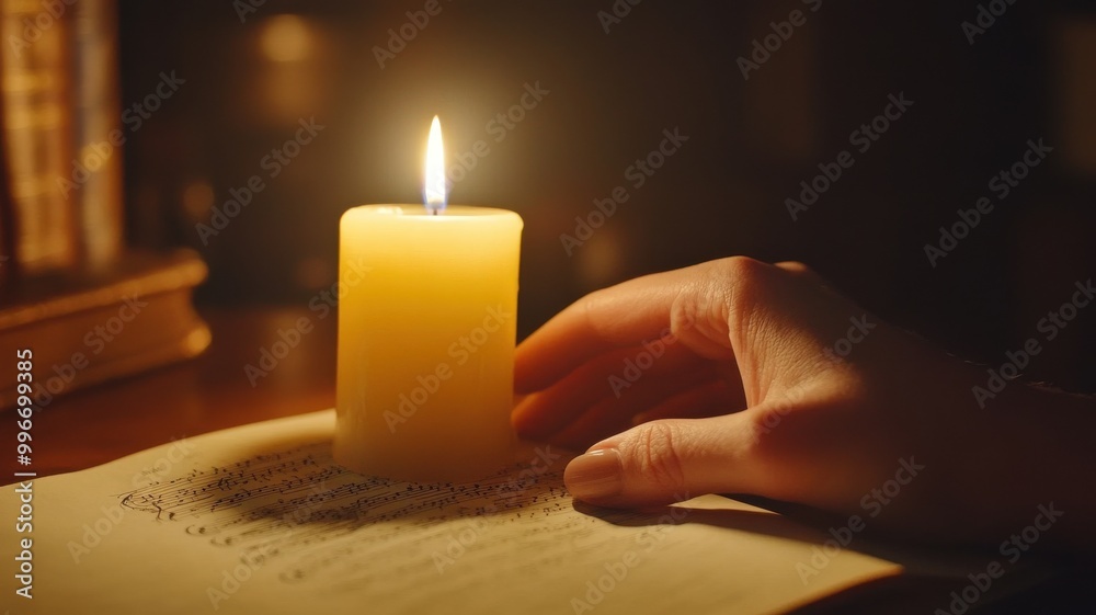 Hand holding a candle near an open book, warm light glowing in a cozy setting. Hand holding a candle near an open book, warm light glowing in a cozy setting.