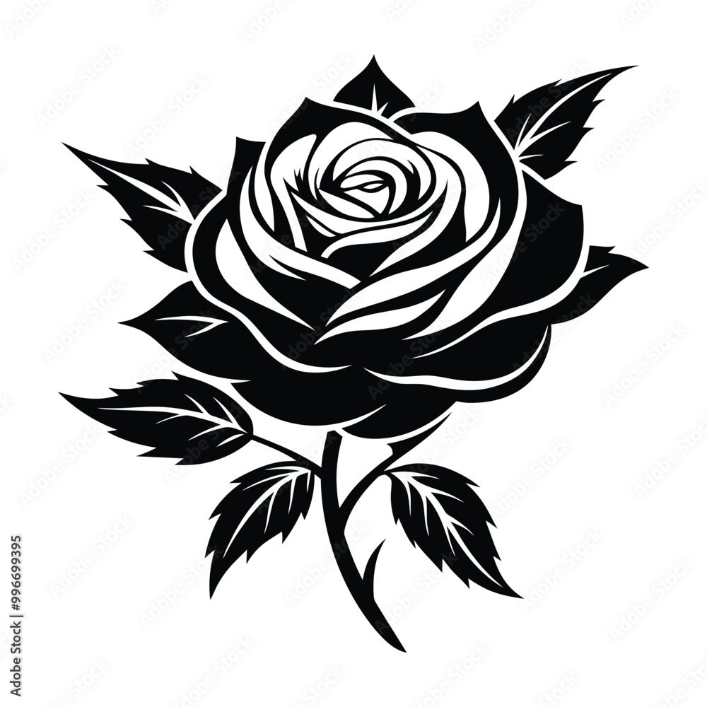 Fototapeta premium Silhouette clipart of rose in linocut style.