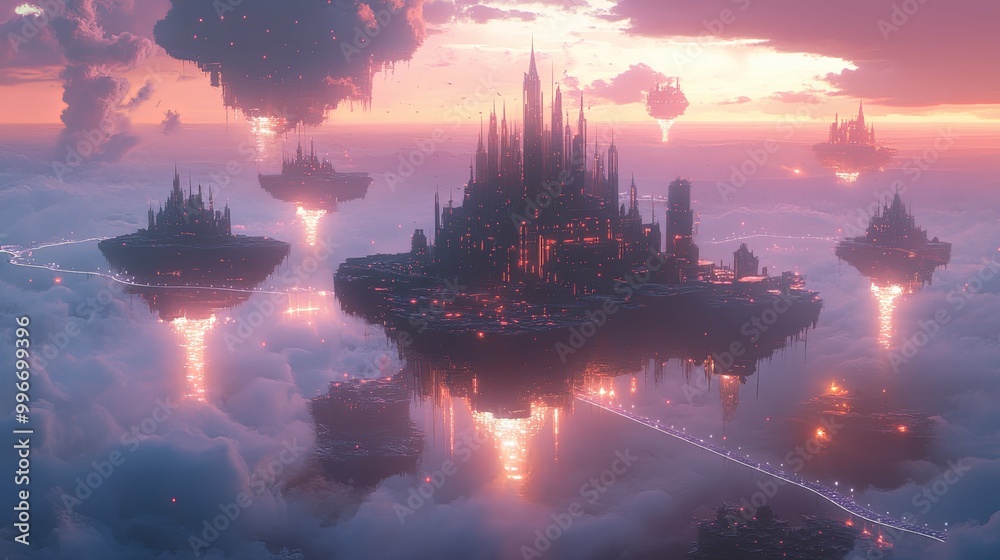 A City of Spires Floating Above the Clouds at Sunset A City of Spires Floating Above the Clouds at Sunset