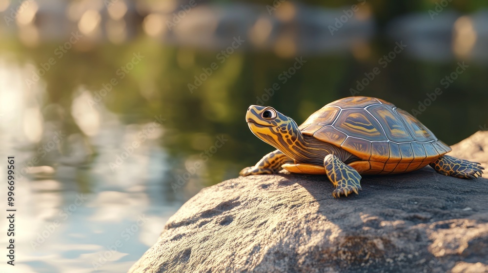 Obraz premium A turtle basking on a rock beside a serene water body during sunset.
