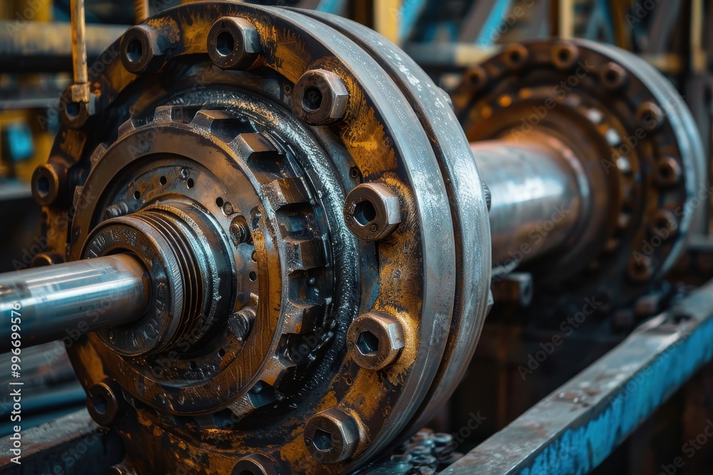 A large, rusted, and dirty machine with many bolts and nuts A large, rusted, and dirty machine with many bolts and nuts