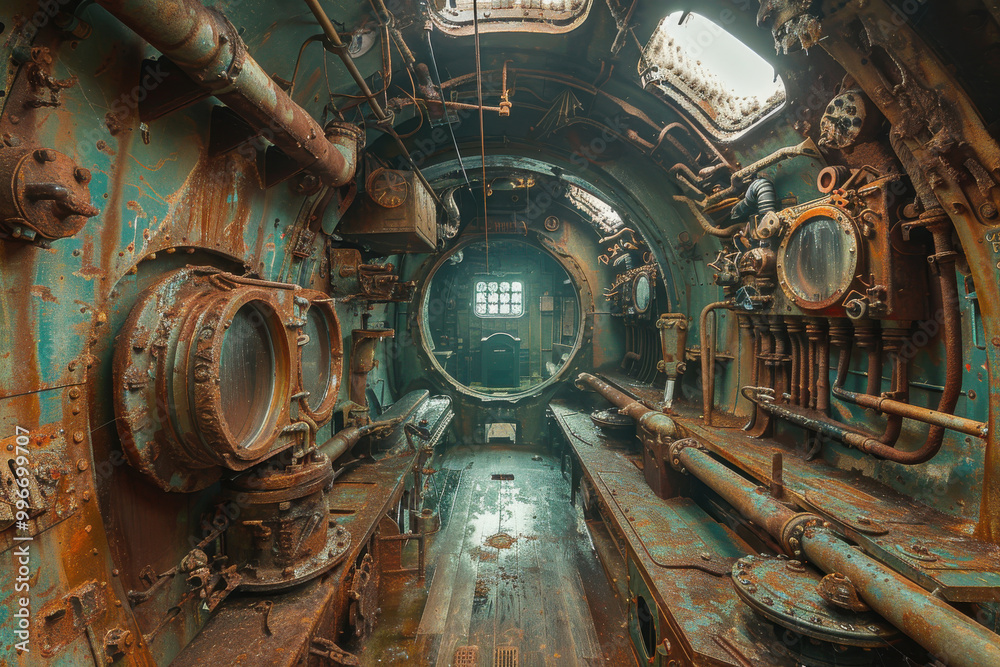Exploring the interior of an old submarine with intricate machinery and ...