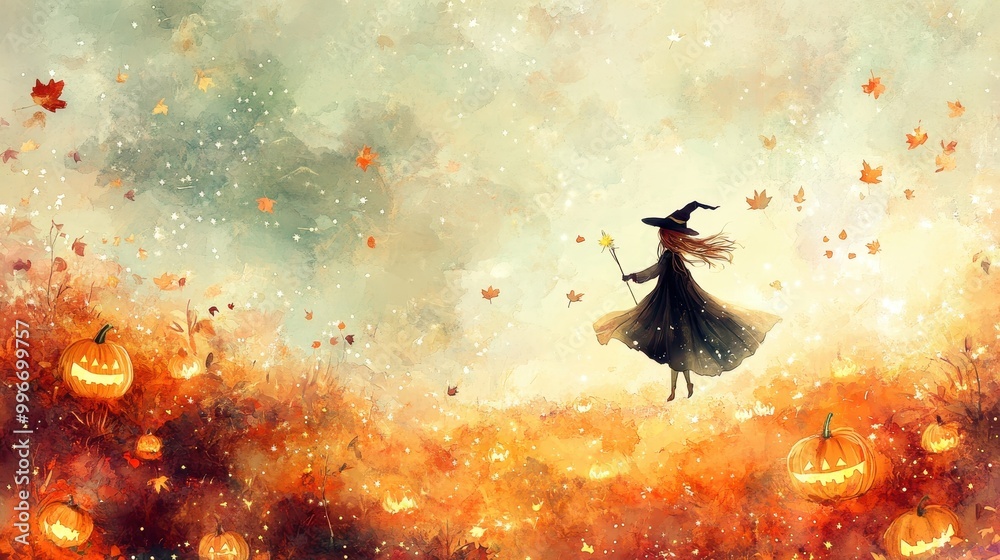 Naklejka premium Enchanting Watercolor Scene of a Cute Witch Flying over Glowing Pumpkin Patch in Autumn Twilight