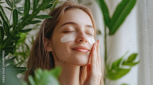 Fototapeta Naklejka Na Ścianę i Meble -  Young woman applying vegan face cream, surrounded by eco-friendly packaging and plant leaves.