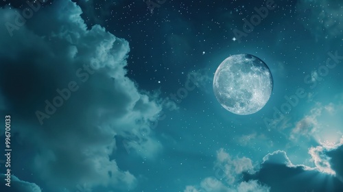 Full moon and clouds in a starry night sky. Astronomy and night landscape concept.