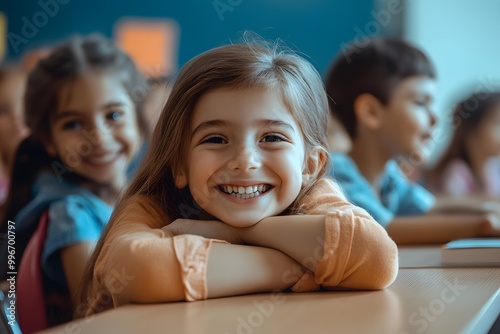 children smiles in the classroom full with wooden tables