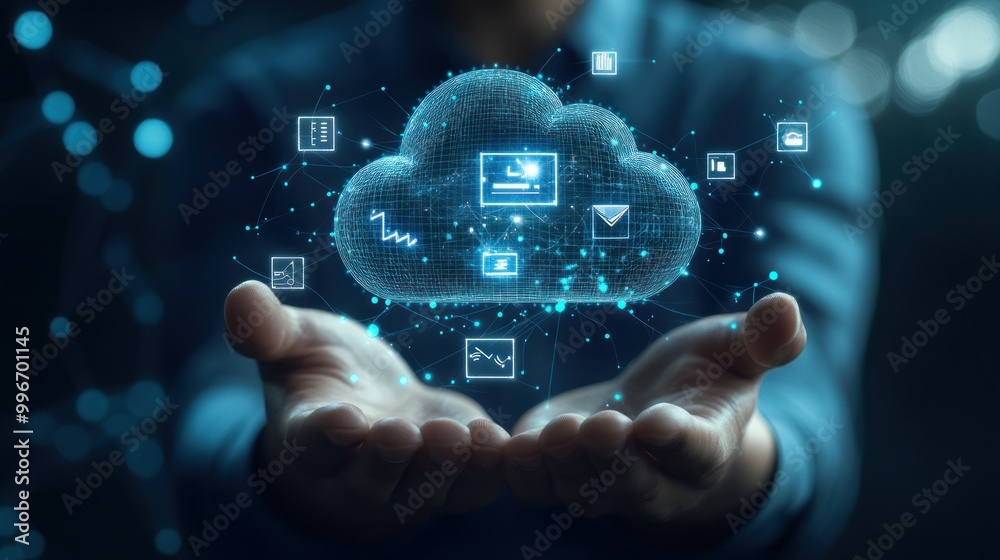 A person holding a digital cloud with various icons representing data and technology. A person holding a digital cloud with various icons representing data and technology.